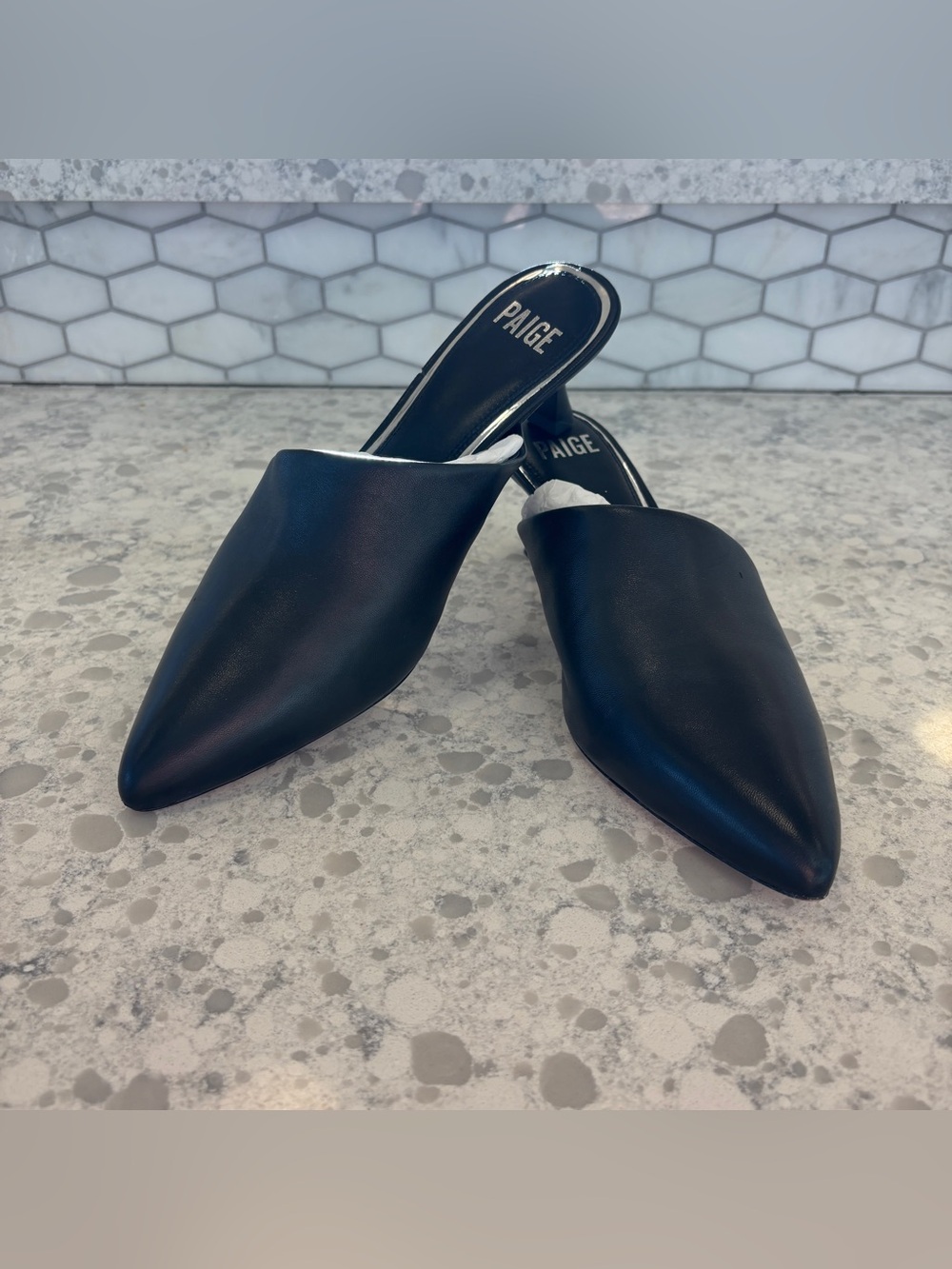 PAIGE Black Pointed Leather Mule Slides